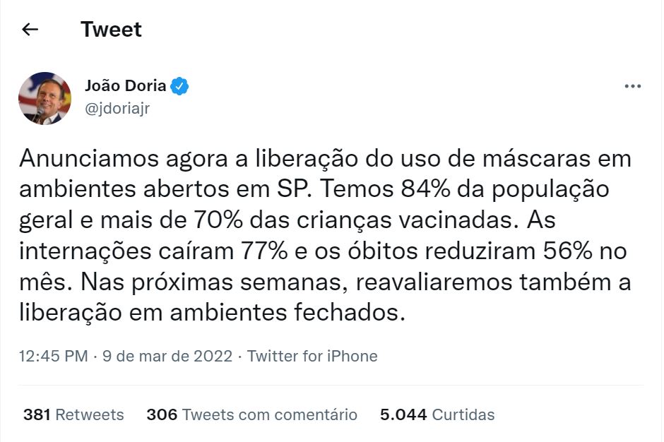 Uso de máscara deixa de ser obrigatório em locais abertos em São Paulo